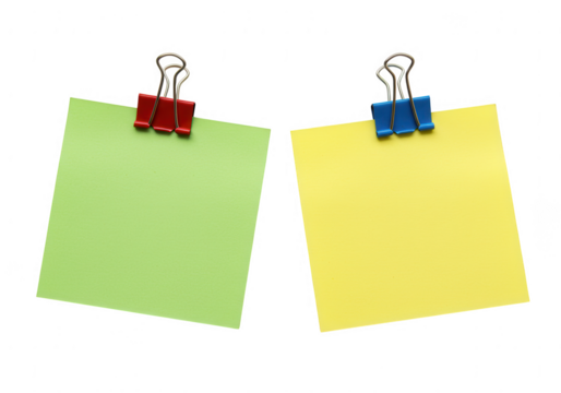 Two colorful sticky notes held by binder clips on a transparent background isolated on transparent background