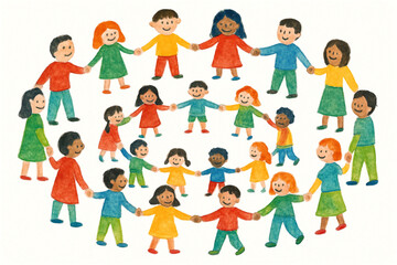 Whimsical Watercolor Illustration of People Holding Hands in Concentric Circles