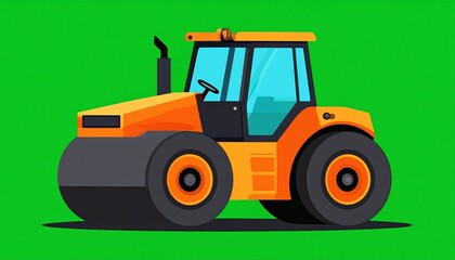 Orange Steamroller Machine on a Green Background.