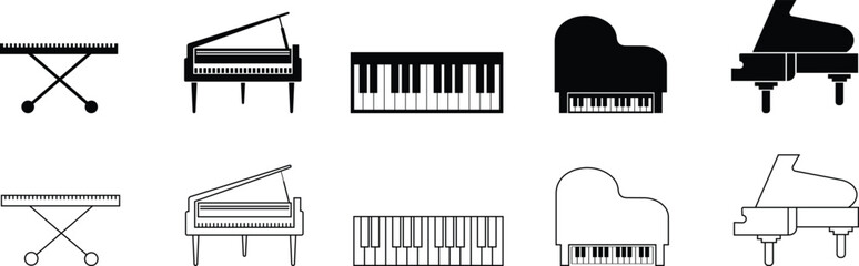 Black silhouette of upright piano icon set, isolated on transparent background. Graphic illustration. concept of musical instrument, classical music, piano recital, icon, logo, design element. © WaQar
