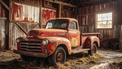 Vintage Rusty Red Pickup Truck Abandoned in Old Barn.
