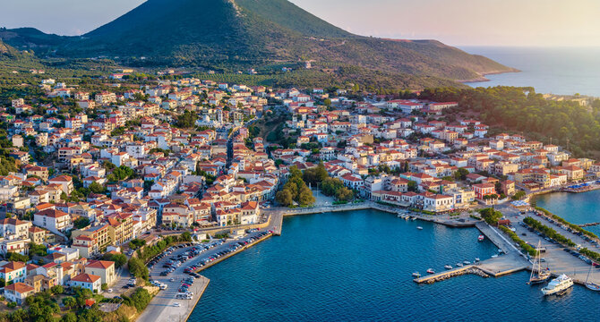 Aerial sunset view of the town of Pylos, Navarino Coast, Peloponnese, Greece