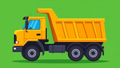 Yellow Dump Truck Vehicle Illustration on Green Background.