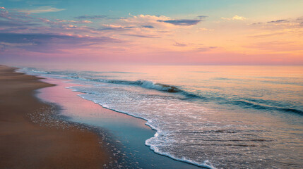 Obraz premium Tranquil beach sunrise with pastel colors on the horizon