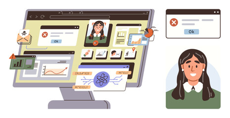 Desktop monitor featuring open apps such as graphs, user profiles, notifications, and error pop-ups. Ideal for productivity, remote work, digital tools, multitasking, teamwork communication simple