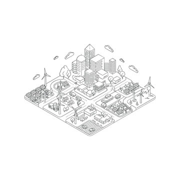 Abstract isometric city skyline with intricate line art detail and urban landscape elements