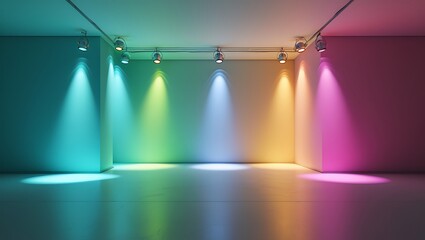 Colorful spotlight illumination creates vibrant atmosphere in modern empty room
