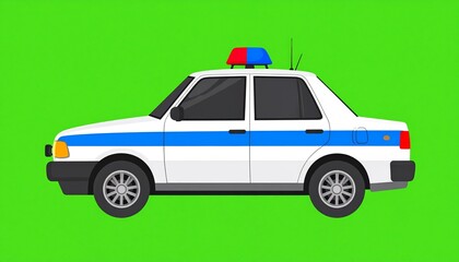 White Police Car with Blue Stripe and Flashing Lights on Green Screen.