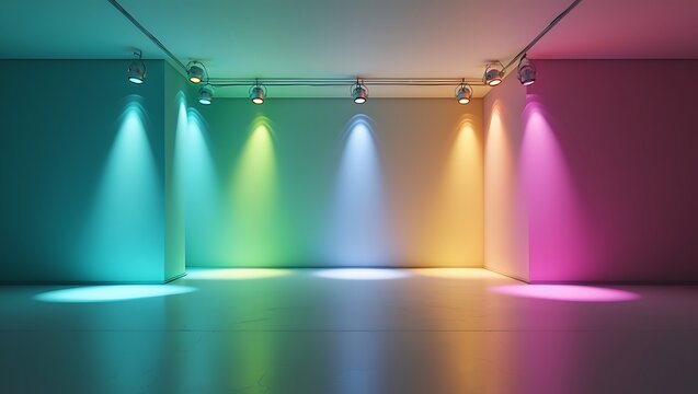 Colorful spotlight illumination creates vibrant atmosphere in modern empty room - Powered by Adobe