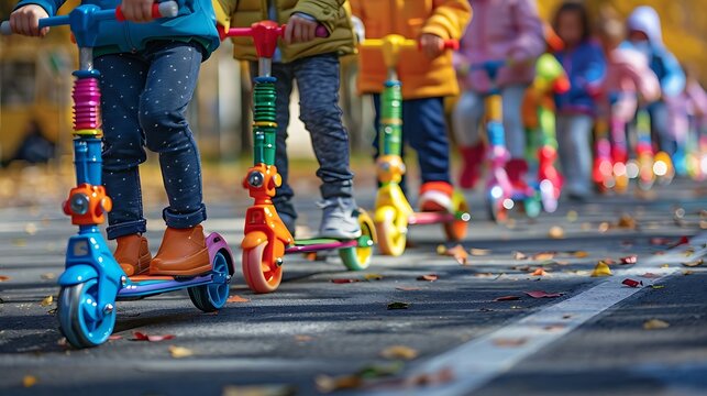 A group of children riding colorful scooters on a paved road with fallen leaves in the autumn season on transparent background silhouette