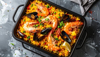 Delicious Seafood Paella in a Traditional Pan.