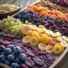 A vibrant assortment of dried fruits and nuts showcasing a colorful healthy snack selection