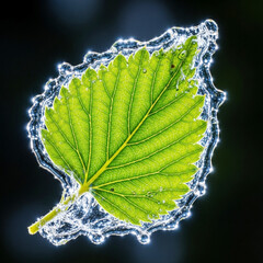 Vibrant green leaf encased in delicate frost crystals against a dark background