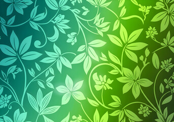 Seamless floral pattern with elegant leaves and swirling vines in a vibrant teal to green gradient background.