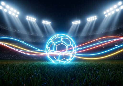 Futuristic neon soccer ball glowing on a stadium field with vibrant light trails and bright floodlights at night. - Powered by Adobe