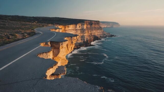 Crumbling asphalt road disappearing over a cliff by the sea at sunset, illustrating coastal erosion, showcasing the destructive power of nature and the vulnerability of infrastructure