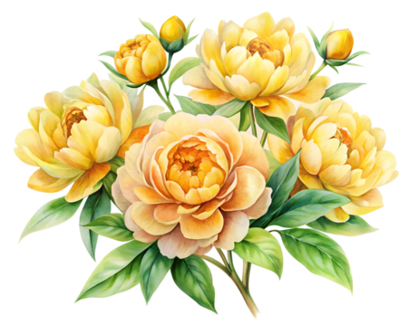 Watercolor Yellow Peonies Bouquet Floral Arrangement Illustration on transparent background - Powered by Adobe