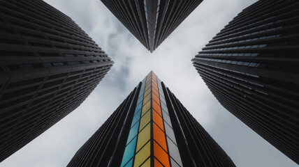 Wormseye view of four skyscrapers with one building having colorful panels on a cloudy sky day