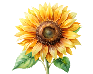 Watercolor Sunflower Blossom with Stem and Leaves on Transparent Background