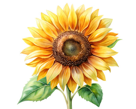 Watercolor Sunflower Blossom with Stem and Leaves on Transparent Background