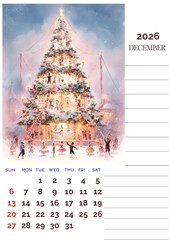 The image is a December 2026 calendar page featuring a grand festive Christmas tree adorned with lights and ornaments, surrounded by dancers and performers in a magical winter scene.