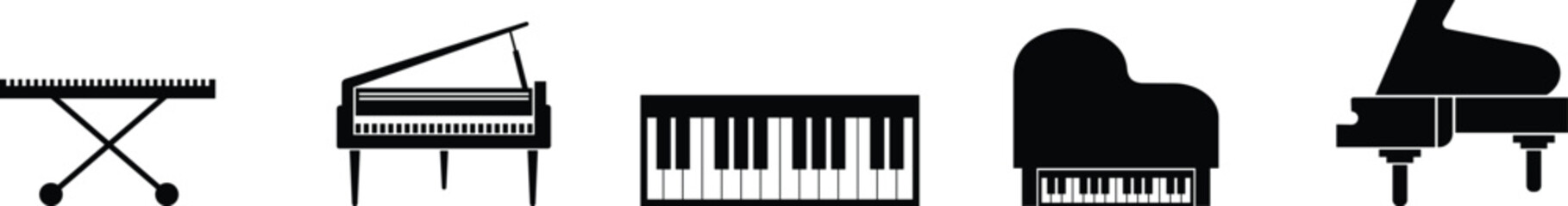 Black silhouette of upright piano icon set, isolated on transparent background. Graphic illustration. concept of musical instrument, classical music, piano recital, icon, logo, design element.