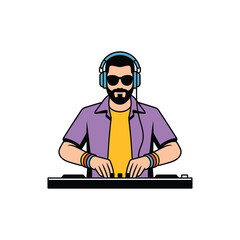Man dj wearing headphones and sunglasses mixing music on turntables entertainment