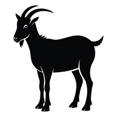 Black Silhouette of a Standing Goat with Horns and Beard on White animal mammal
