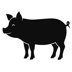 Black silhouette of a smiling pig standing on a white background animal farm