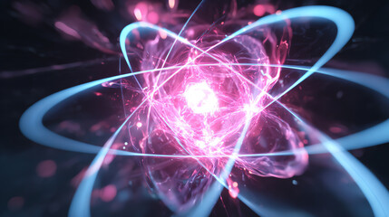 A vibrant digital representation of an atom, showcasing atomic structure with energetic particles and glowing orbits.