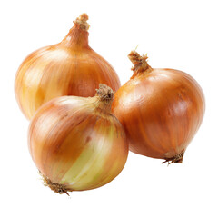 Three onions of varying sizes, isolated on transparent background