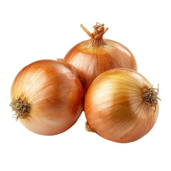 Three onions of varying sizes, isolated on transparent background