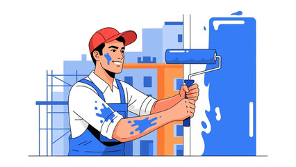 A Professional Painter at Work: A skilled painter, his face a mask of concentration as he carefully wields a paint roller against a skyscraper, in a modern and striking graphic.