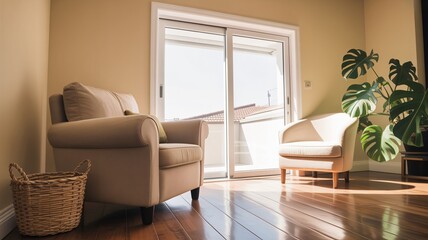 Obraz premium Relaxing living room scene with comfortable chairs and bright sunlight streaming through glass doors