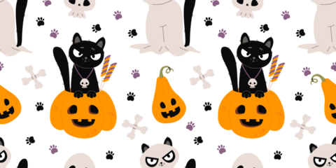 Cute Halloween Seamless pattern. Black Cat with treat in Pumpkin jack and Ghost animal