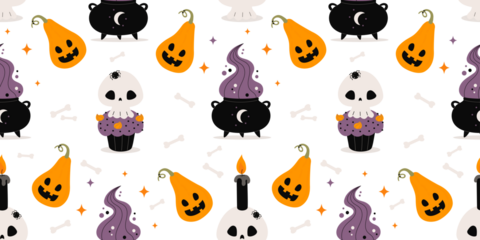 Magic Halloween Seamless pattern. Spooky cauldron, Pumpkin jack and Creepy cupcake with skull