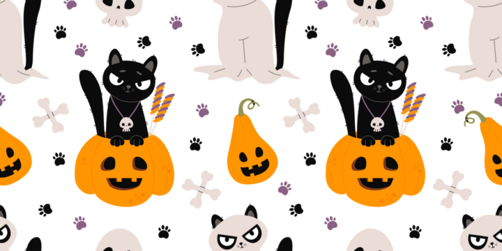Cute Halloween Seamless pattern. Black Cat with treat in Pumpkin jack and Ghost animal