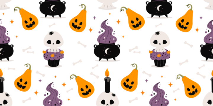 Magic Halloween Seamless pattern. Spooky cauldron, Pumpkin jack and Creepy cupcake with skull