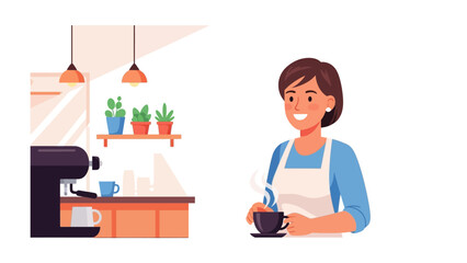 Coffee Shop Scene: A barista, exudes warmth as she holds a steaming cup of coffee in a charming cafe setting, blending culinary expertise with inviting hospitality.