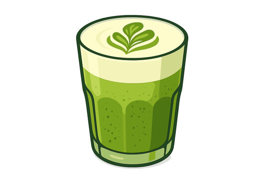 Green smoothie in glass with leaf design on top matcha latte in glass
