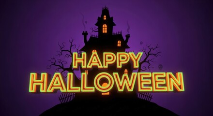 Spooky haunted house with glowing neon 'Happy Halloween' text and purple sky
