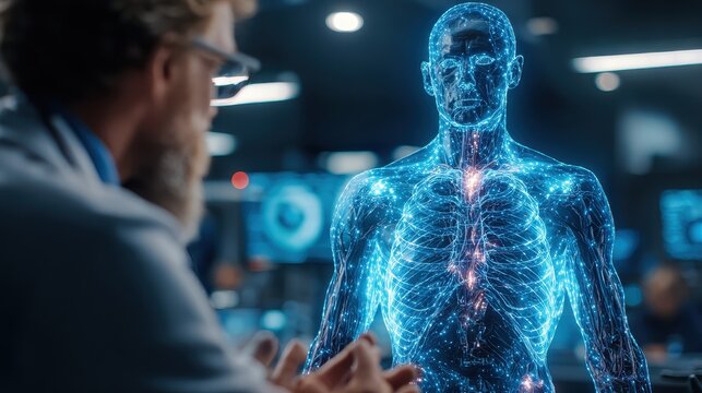 Doctors analyzing human body hologram on futuristic screen in hospital diagnostic room for medical treatment and scientific research using advanced technology
