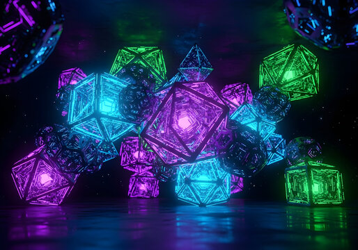 Cluster of luminous geometric shapes in vibrant neon purple, blue, and green.