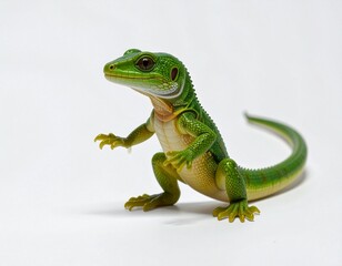 Obraz premium Small green lizard toy with realistic details on a clean white background, capturing its playful nature.