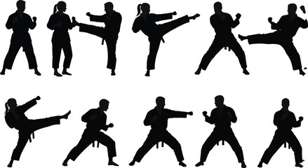 Silhouette of martial arts fighters practicing karate moves, karate training poses, self defense techniques, combat sports illustration, isolated black figure design © Hey There