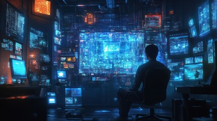 Navigating the digital frontier, a lone figure amidst data streams and screens