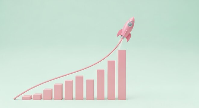 Pink rocket launching from a bar graph against a pale green background - Powered by Adobe
