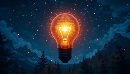 Pixelated lightbulb glowing at night time.

