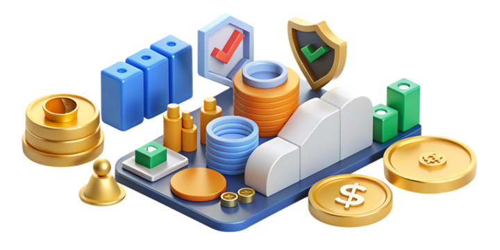 Abstract isometric 3d render of financial symbols and building blocks representing investment and growth