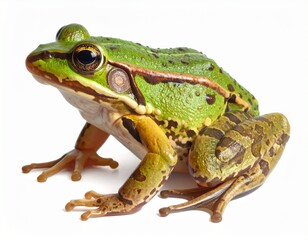 Obraz premium A vibrant green frog poised on a clean white background, showcasing its detailed skin texture and alert eyes.